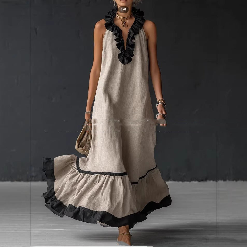 Damen Maxikleid mit Volants aus Baumwolle – Trapez-Silhouette, Ärmellos