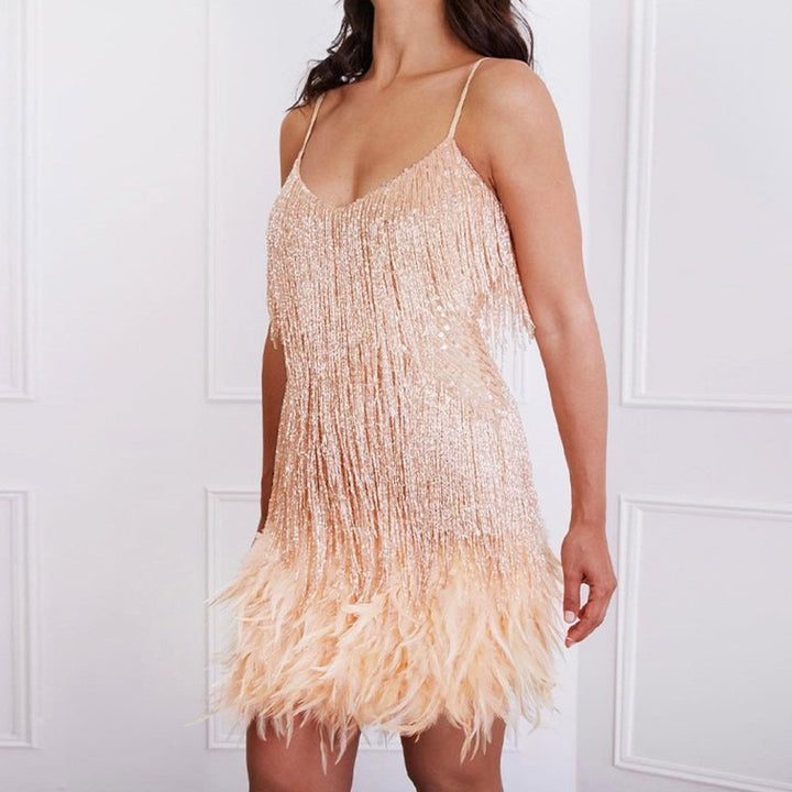 Women's Mini Sequin Dress – Shimmering Fringes, Feather Trim & Thin Straps