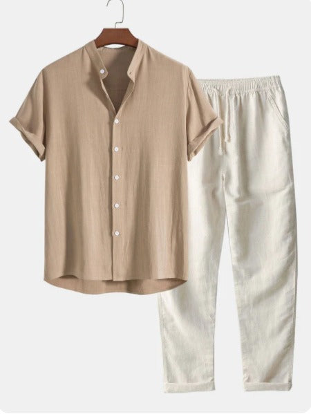 Completo Due Pezzi in Lino da Uomo – Camicia a Maniche Corte Pantaloni con Coulisse