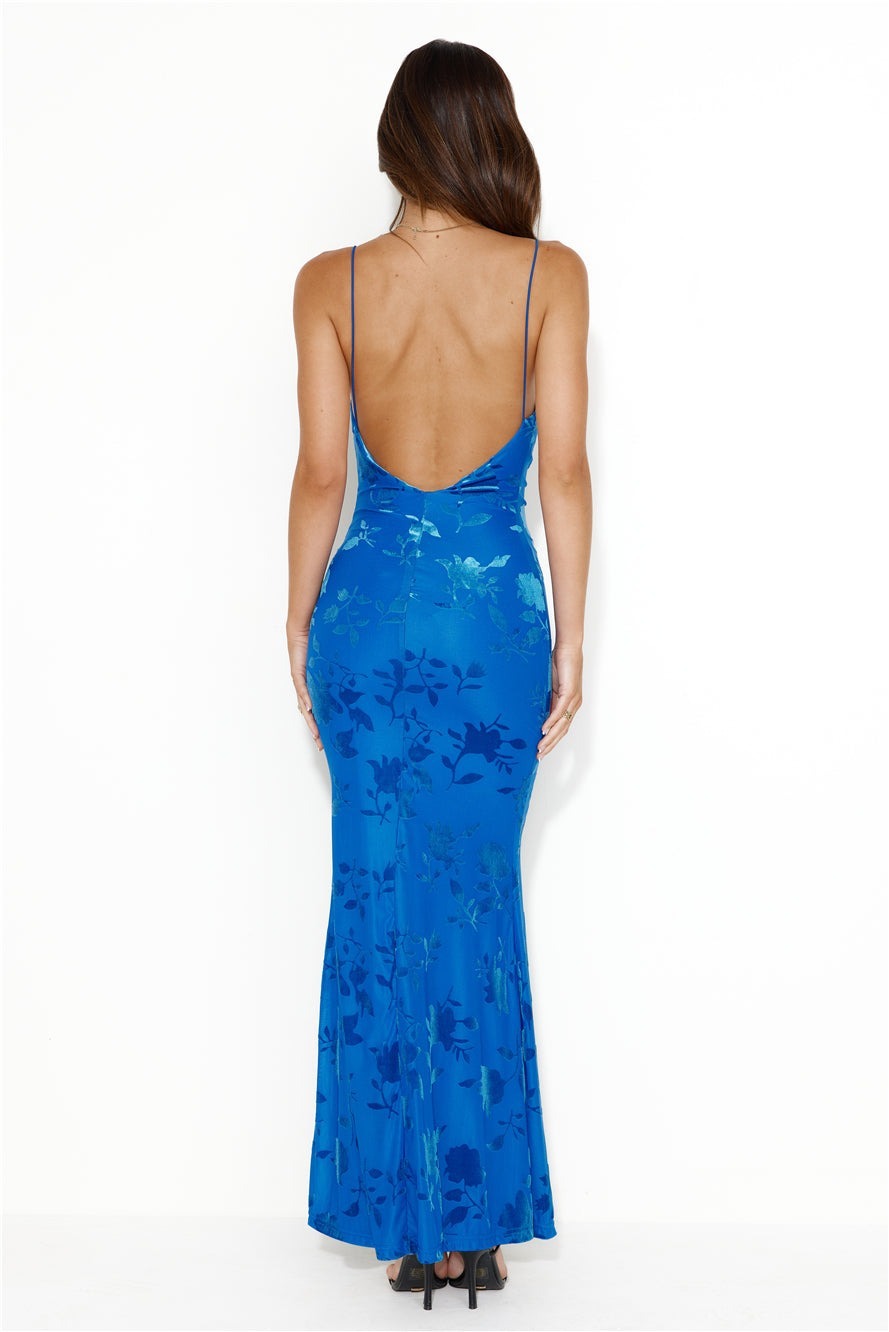 Women's Maxi Dress with Open Back – Thin Straps and Draped Neckline