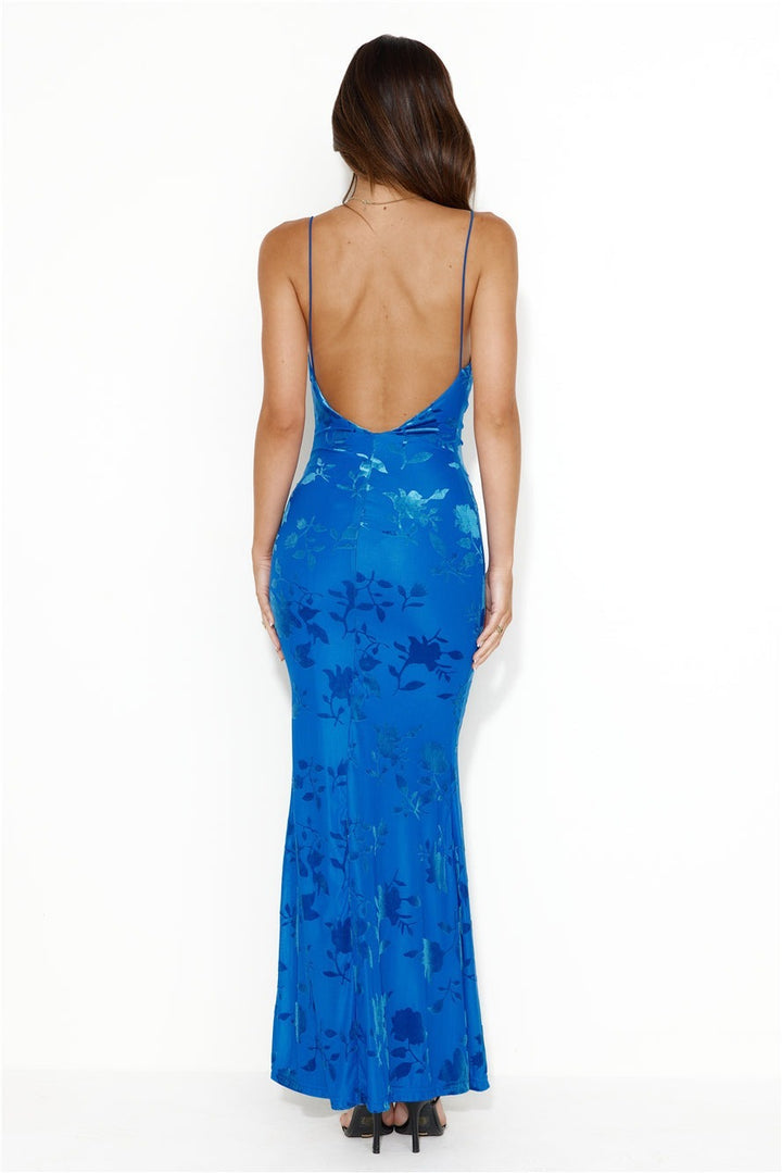 Women's Maxi Dress with Open Back – Thin Straps and Draped Neckline
