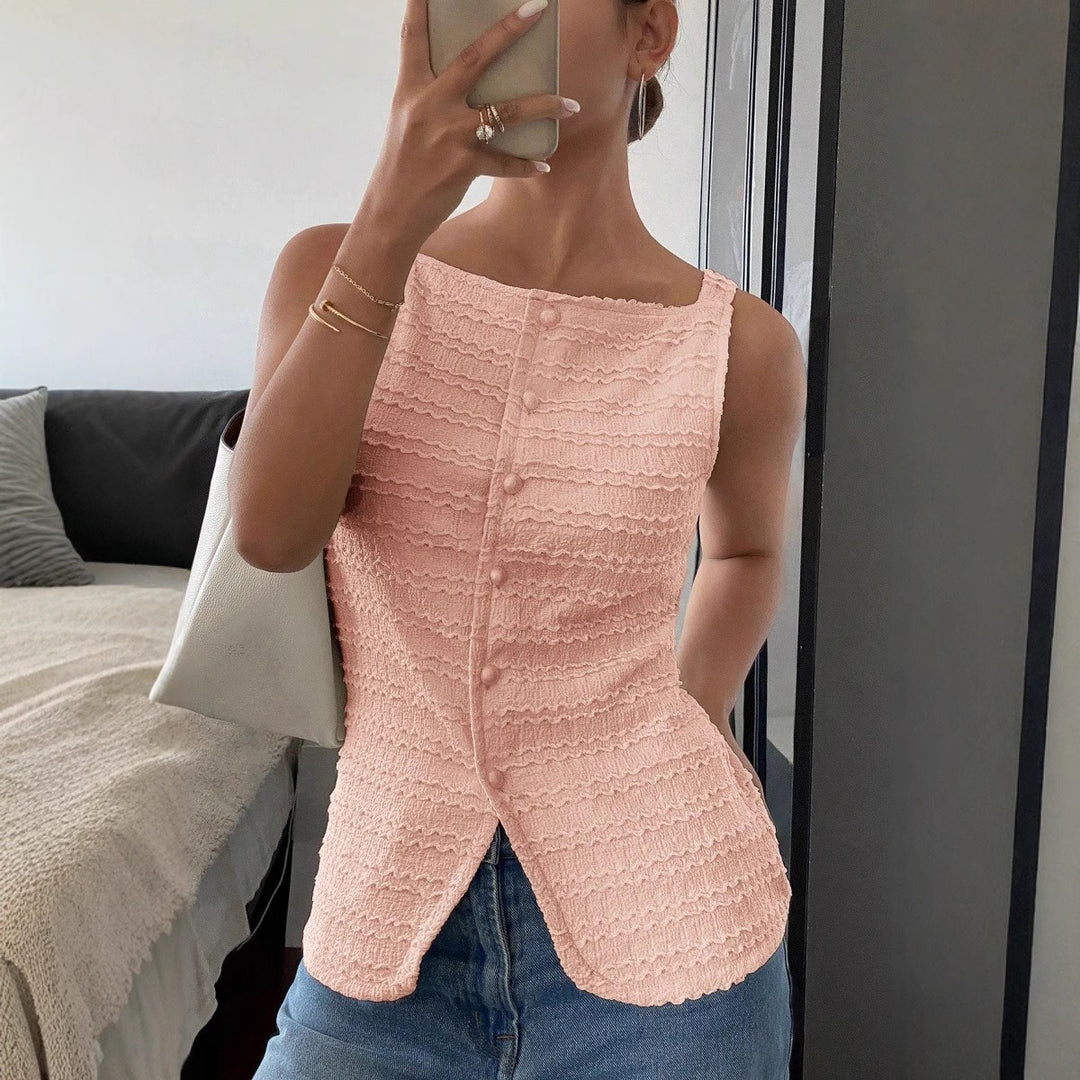 Top senza maniche da donna con trama – scollo quadrato e bottoni decorativi