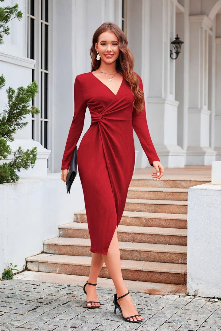 Vestito Donna Maniche Lunghe Collo a V – Taglio Sottile Spacco Slit