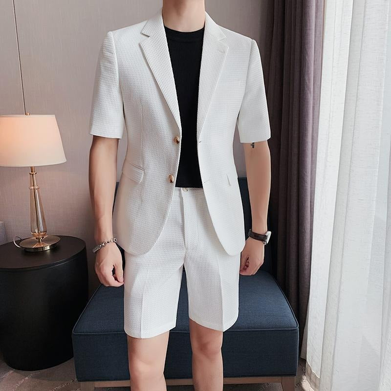 Herrenanzug-Set mit kurzen Ärmeln und Struktur – Eng anliegender atmungsaktiver Slim Fit