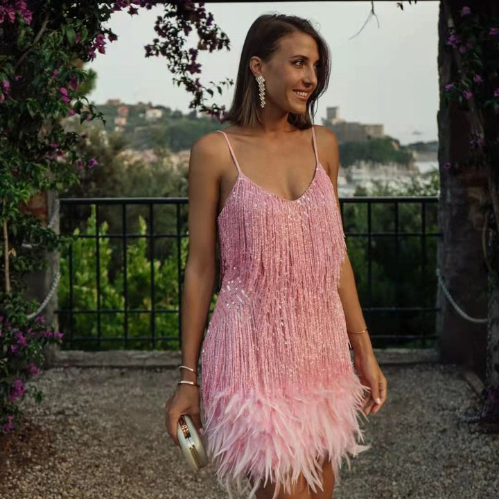 Women's Mini Sequin Dress – Shimmering Fringes, Feather Trim & Thin Straps