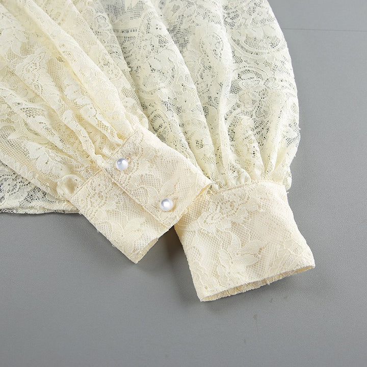 Damenbluse aus transparenter Spitze – Langärmlig mit Band