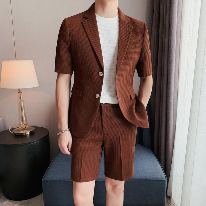 Herrenanzug-Set mit kurzen Ärmeln und Struktur – Eng anliegender atmungsaktiver Slim Fit