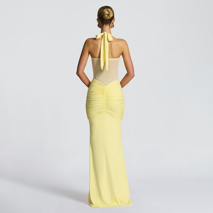 Eng anliegendes langes Kleid mit Raffungen für Damen – Abendkleid mit transparentem Einsatz