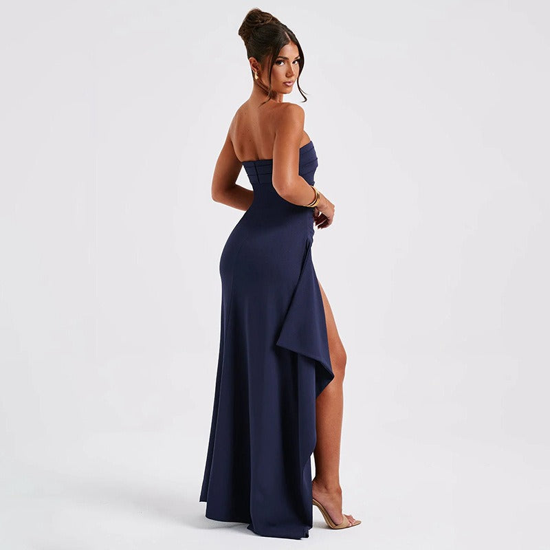 Abito Lungo Donna Bustier Plissettato Spacco – Silhouette Elegante e Formale