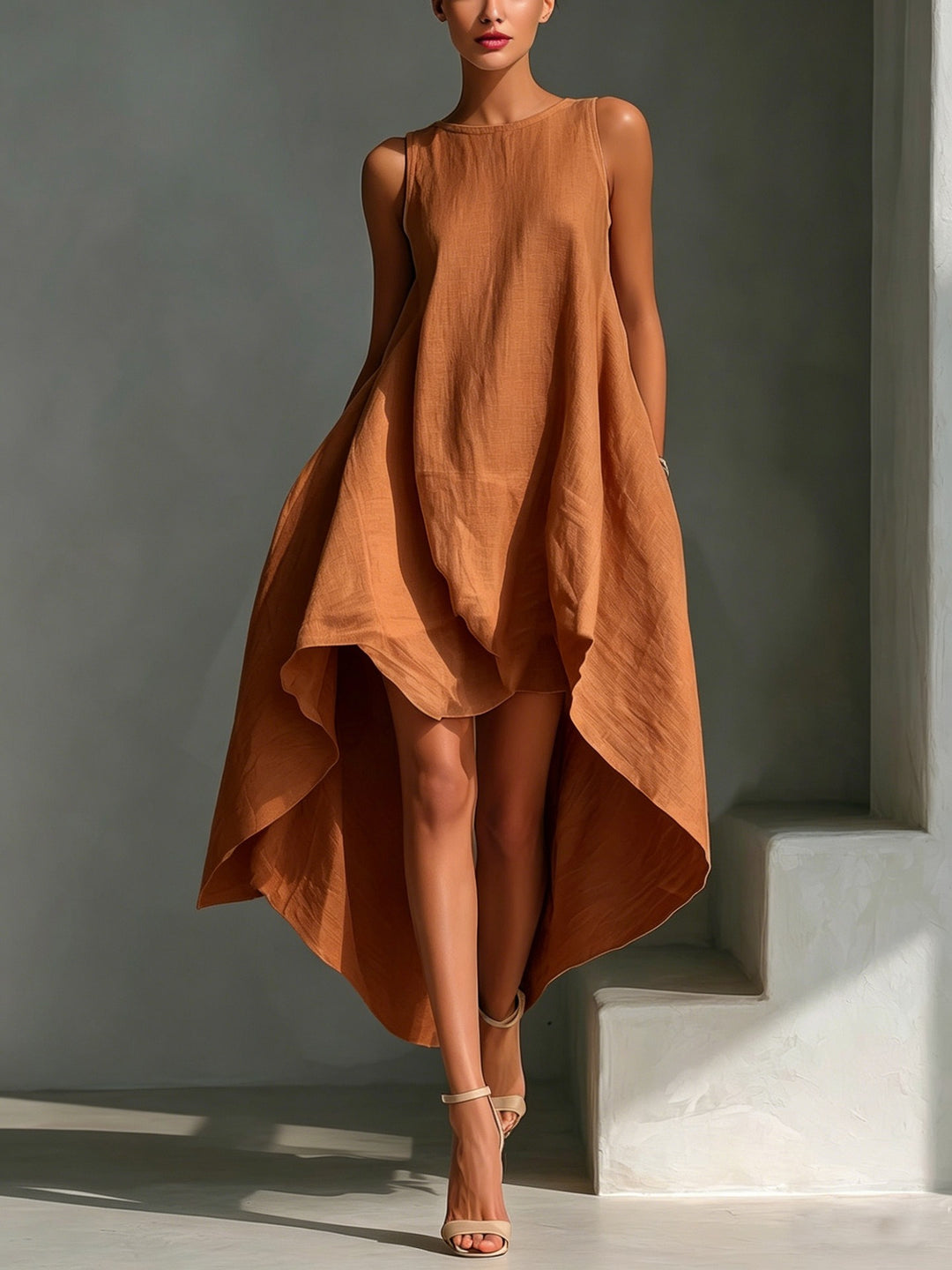 Ärmelloses Midikleid für Damen – asymmetrisch ausgestellte Passform