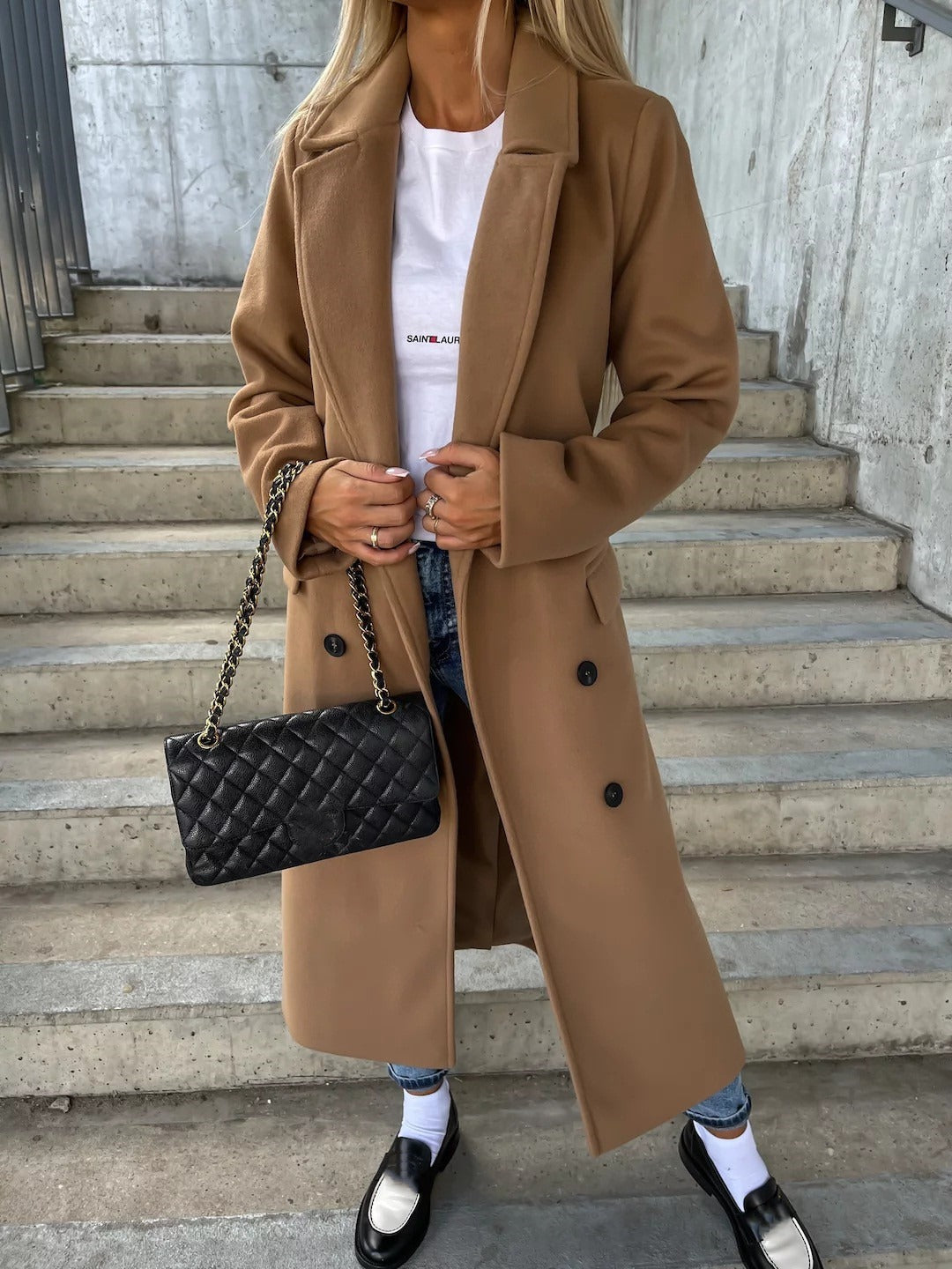 Manteau Long Femme à Double Boutonnage – Veste Ceinturée à Revers Fendu
