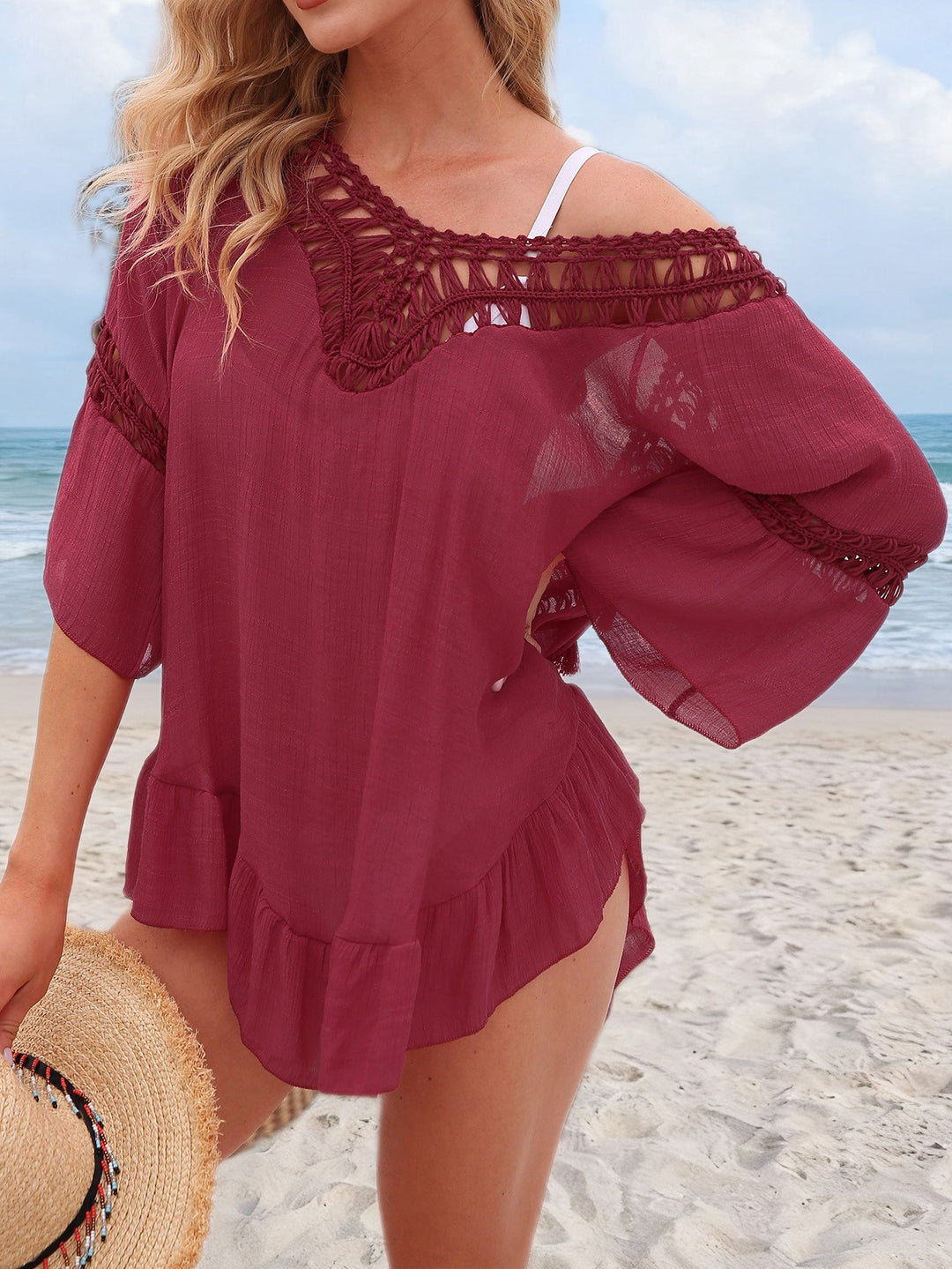 Women's Mini Dress in Woven Fabric – Crochet Trim & Cutout Design