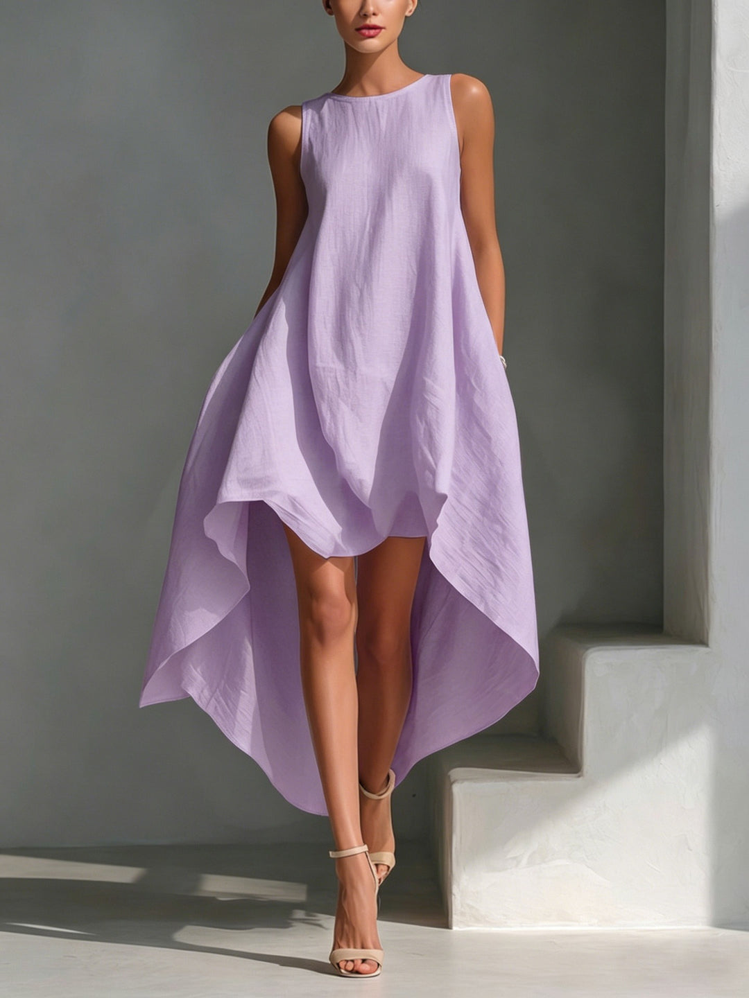 Ärmelloses Midikleid für Damen – asymmetrisch ausgestellte Passform