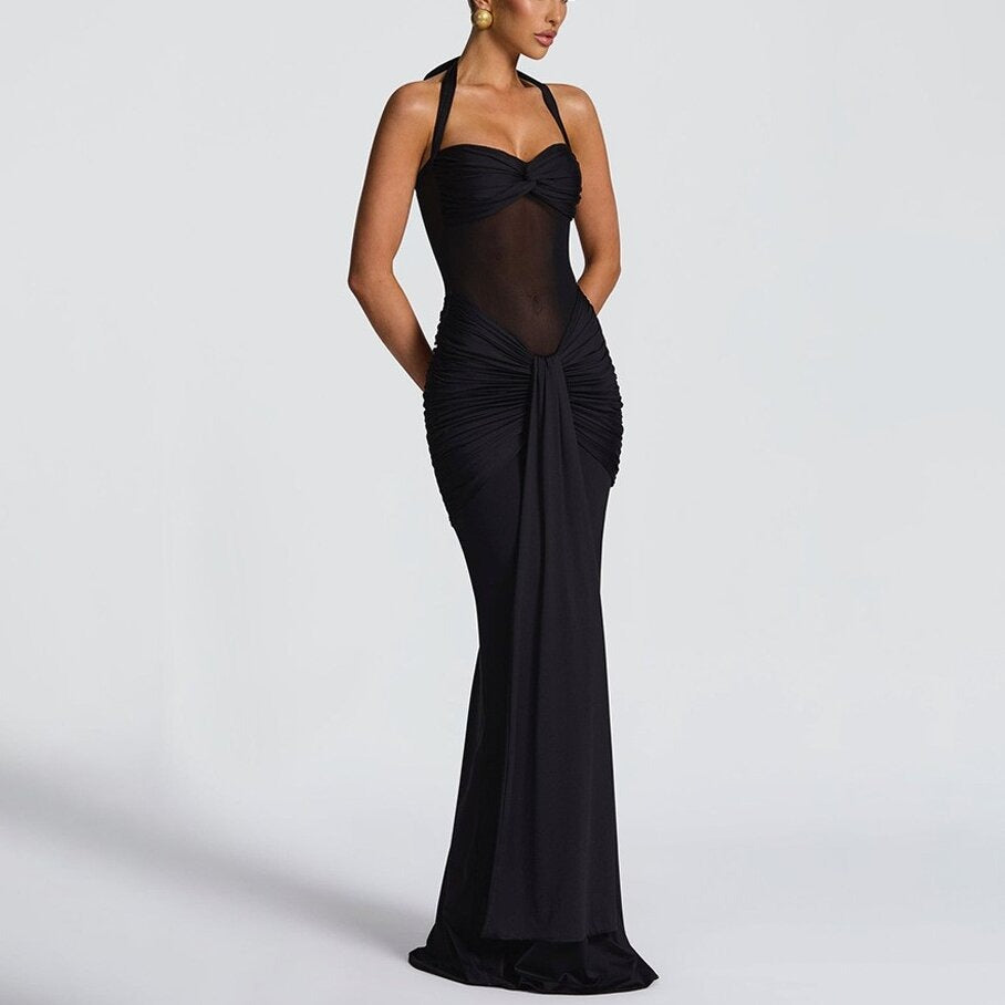 Eng anliegendes langes Kleid mit Raffungen für Damen – Abendkleid mit transparentem Einsatz