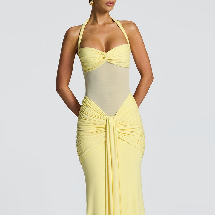 Eng anliegendes langes Kleid mit Raffungen für Damen – Abendkleid mit transparentem Einsatz