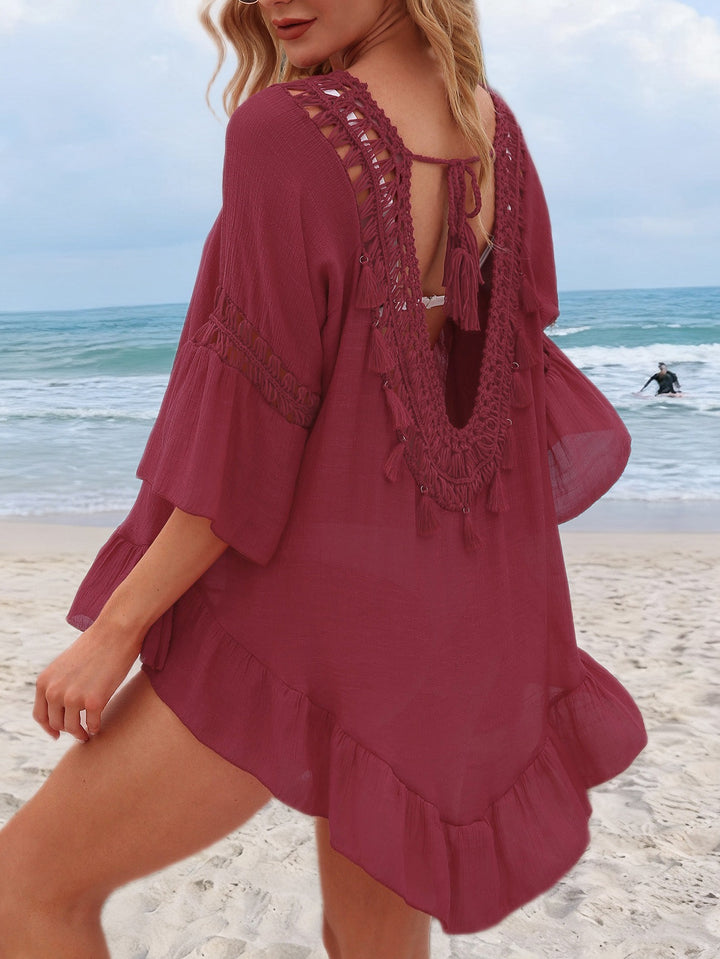 Women's Mini Dress in Woven Fabric – Crochet Trim & Cutout Design
