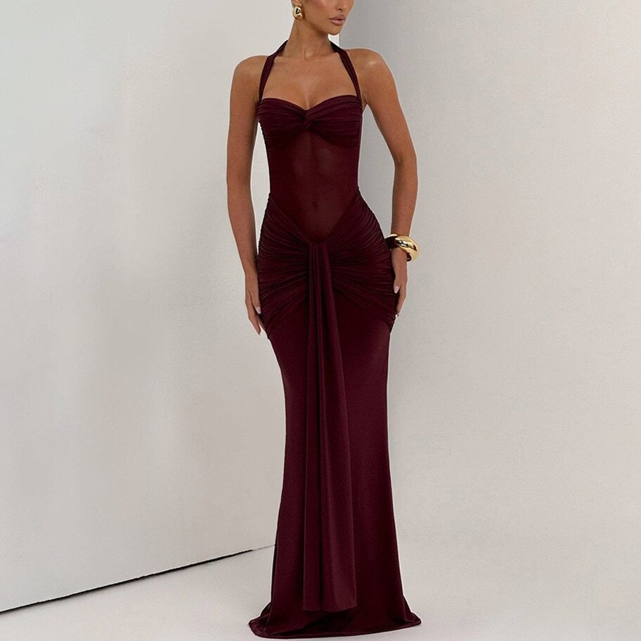 Eng anliegendes langes Kleid mit Raffungen für Damen – Abendkleid mit transparentem Einsatz