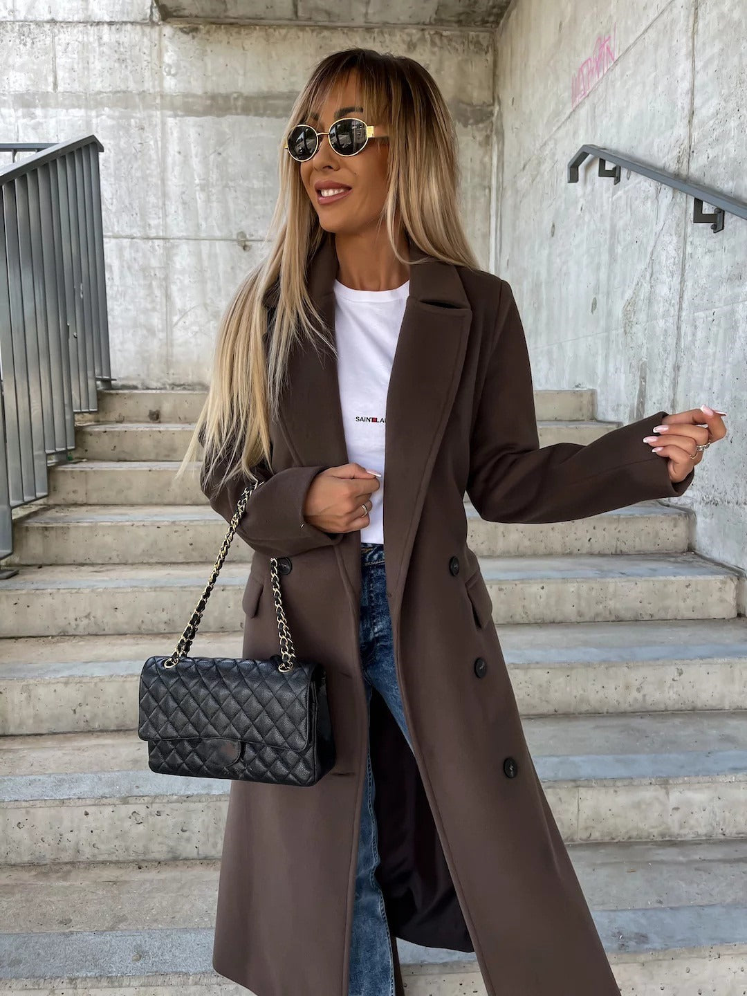 Manteau Long Femme à Double Boutonnage – Veste Ceinturée à Revers Fendu
