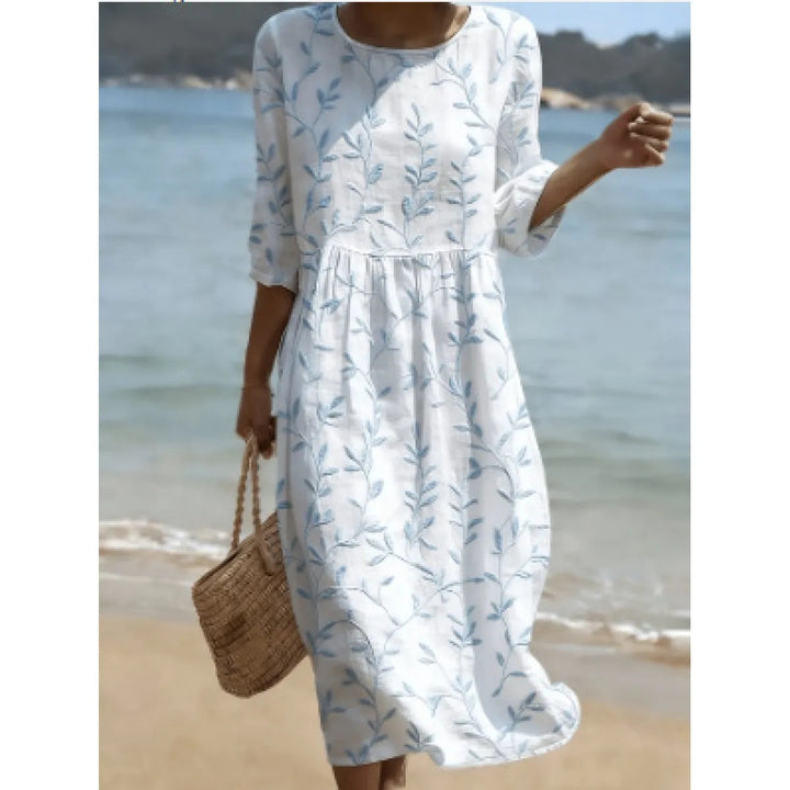 Damen-Midikleid mit Leinenoptik – botanischer Print, legerer Schnitt