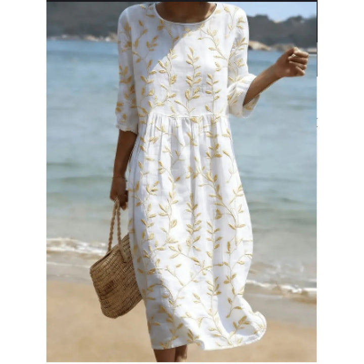 Damen-Midikleid mit Leinenoptik – botanischer Print, legerer Schnitt
