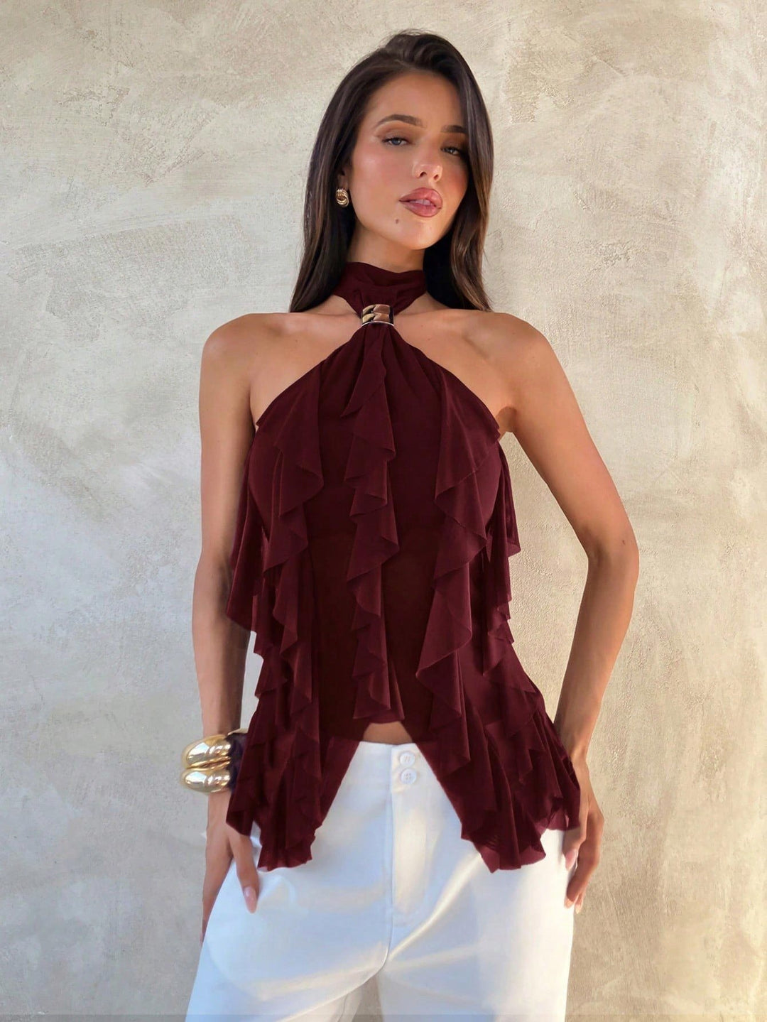 Blouse Femme à Volants Halter – Superposition Transparente Occasion