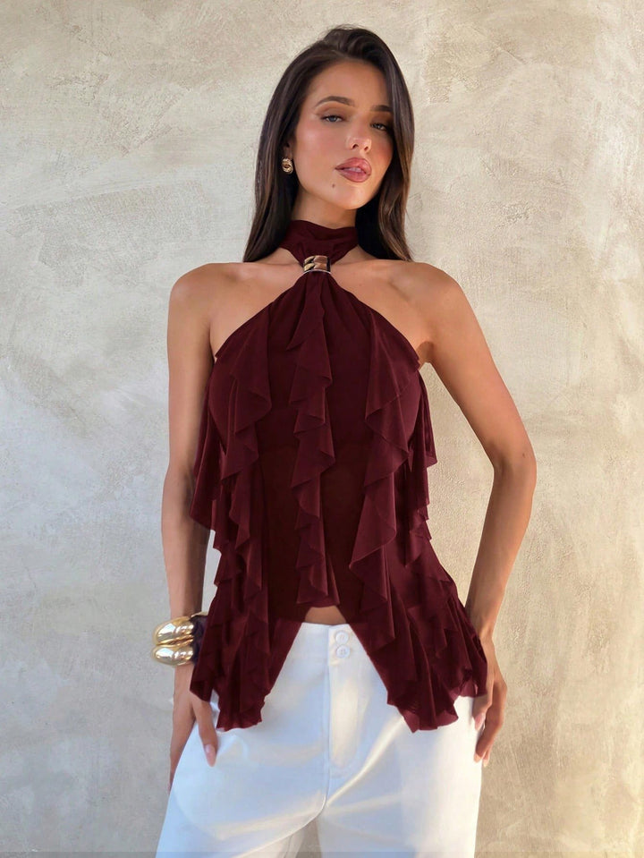 Blouse Femme à Volants Halter – Superposition Transparente Occasion