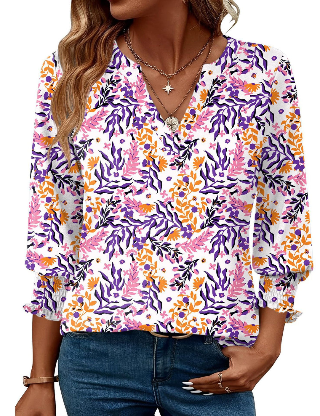 Blusa donna con stampa floreale – maniche a tre quarti casual