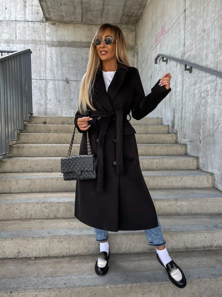 Manteau Long Femme à Double Boutonnage – Veste Ceinturée à Revers Fendu