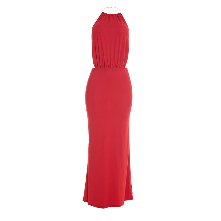 Langes Damenkleid Bodycon mit Neckholder – Stretch, Rückenfrei, Eng geschnitten, Metall-Detail