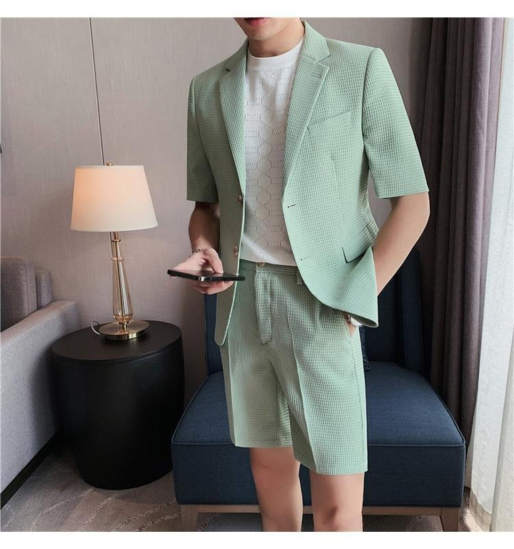 Herrenanzug-Set mit kurzen Ärmeln und Struktur – Eng anliegender atmungsaktiver Slim Fit