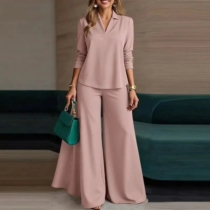 Completo Due Pezzi Donna – Scollo a V, Maniche Lunghe e Pantaloni Larghi Minimalista