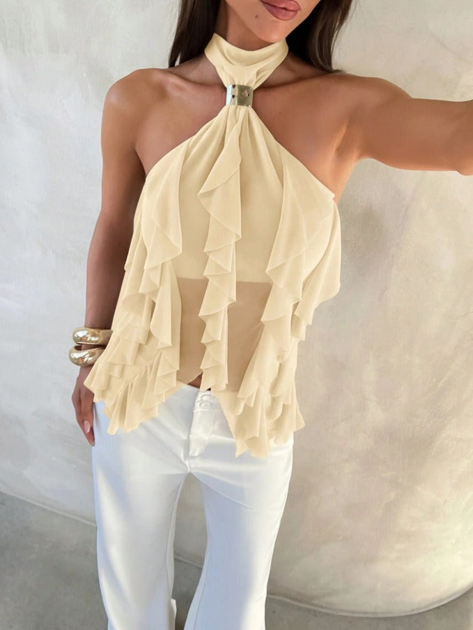 Blouse Femme à Volants Halter – Superposition Transparente Occasion