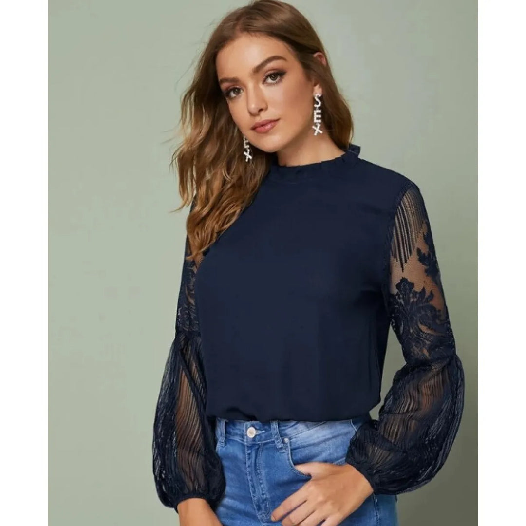 Blouse Femme Voile – Manches Longues Lanterne Brodées Élégantes