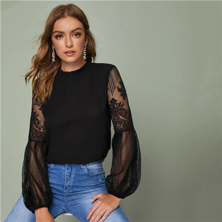 Blouse Femme Voile – Manches Longues Lanterne Brodées Élégantes