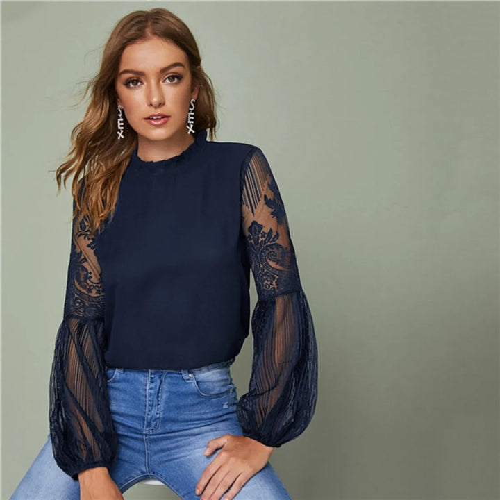 Blouse Femme Voile – Manches Longues Lanterne Brodées Élégantes