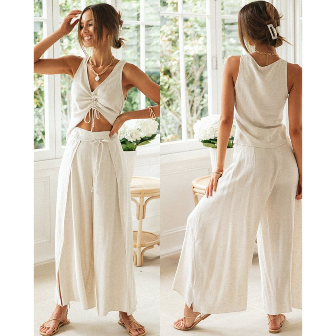 Completo due pezzi donna testurizzato – top corto con scollo a V e pantaloni larghi