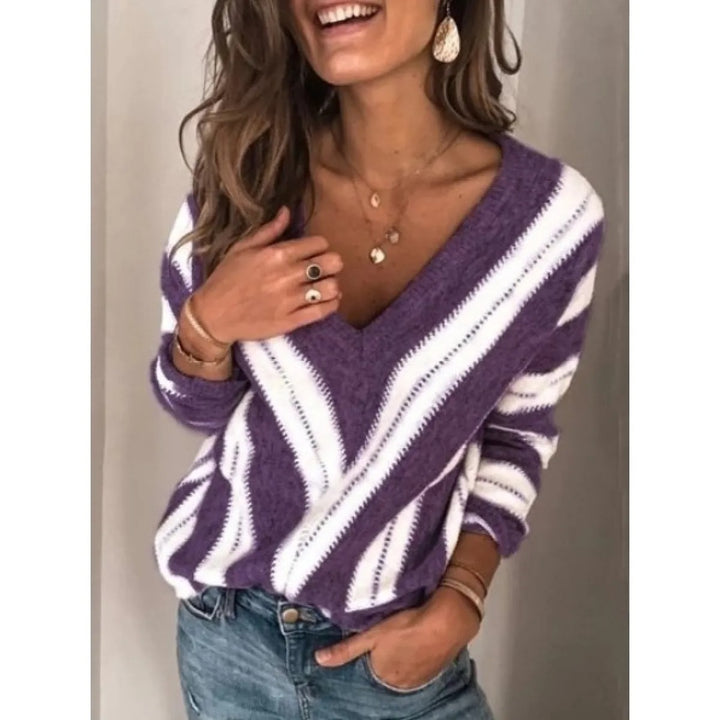 Pull Femme en Maille Col V – Rayures Chevron Coupe Loose