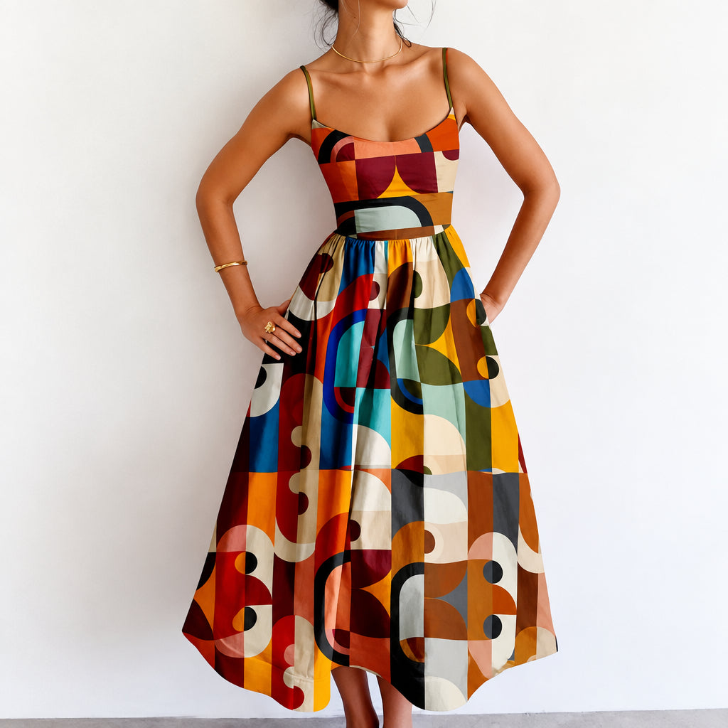 Midi-kjole til dame – Retro geometrisk print, figursyet snit, plisseret nederdel
