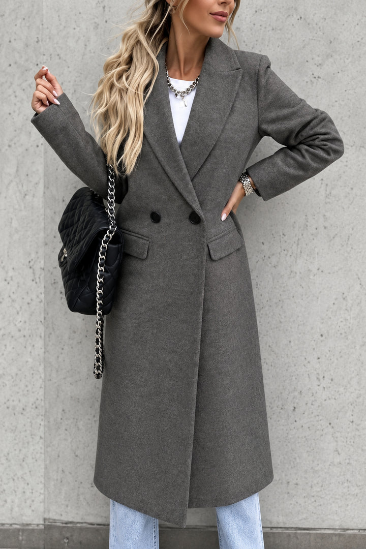 Manteau Long Double Boutonnage Femme Col Tailleur – Coupe Droite Décontractée