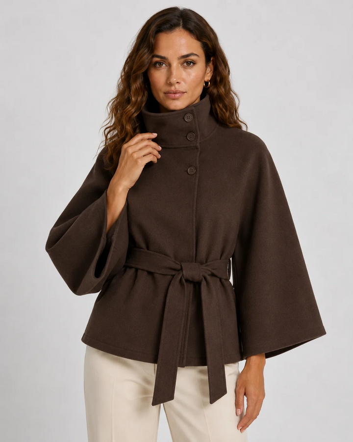 Manteau Femme Coupe Chauve-Souris – Col Montant Boutons Ceinture