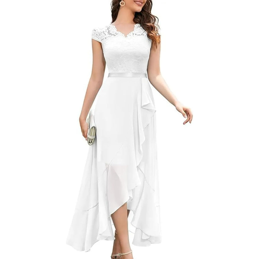 Robe Femme Longue en Dentelle – Décolleté V et Coupe Évasée