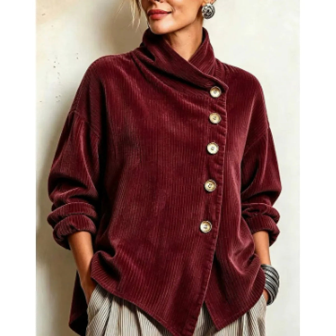 Veste Femme en Velours Côtelé – Col Haut Asymétrique Moderne