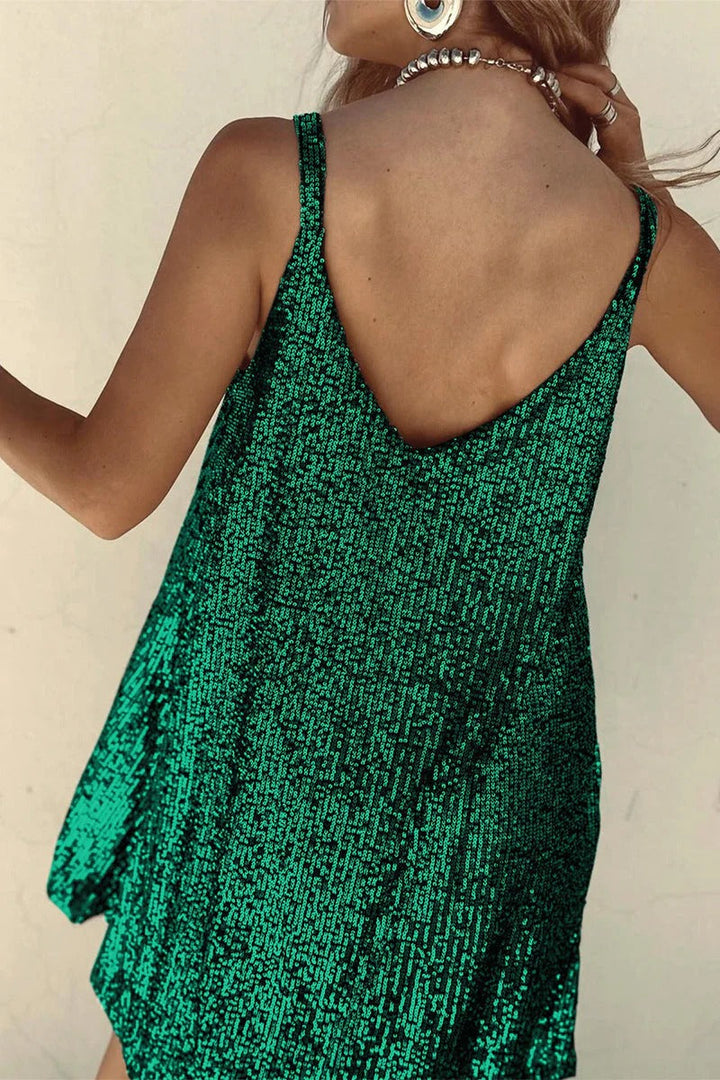 Damen Minikleid mit Pailletten – Tiefer V-Rücken & Enganliegender Schnitt