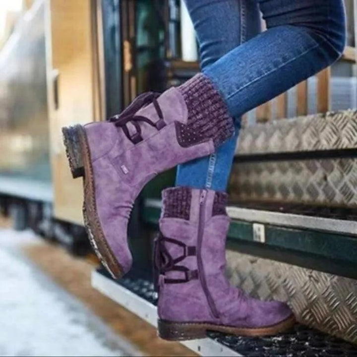 Damenstiefel mit weichem Schaft – niedriger Absatz, runde Zehenkappe, Martens-Stil