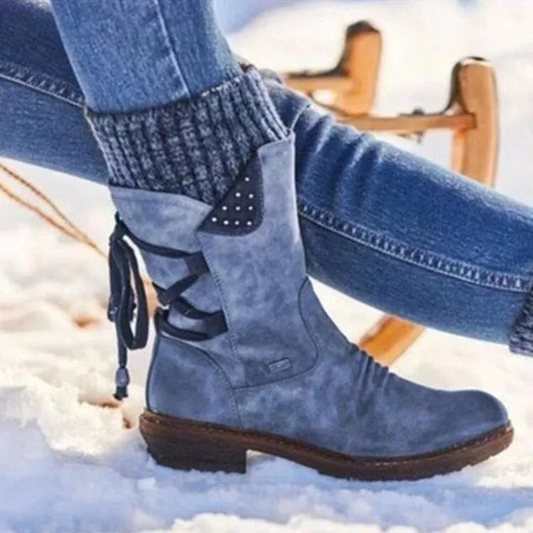 Damenstiefel mit weichem Schaft – niedriger Absatz, runde Zehenkappe, Martens-Stil