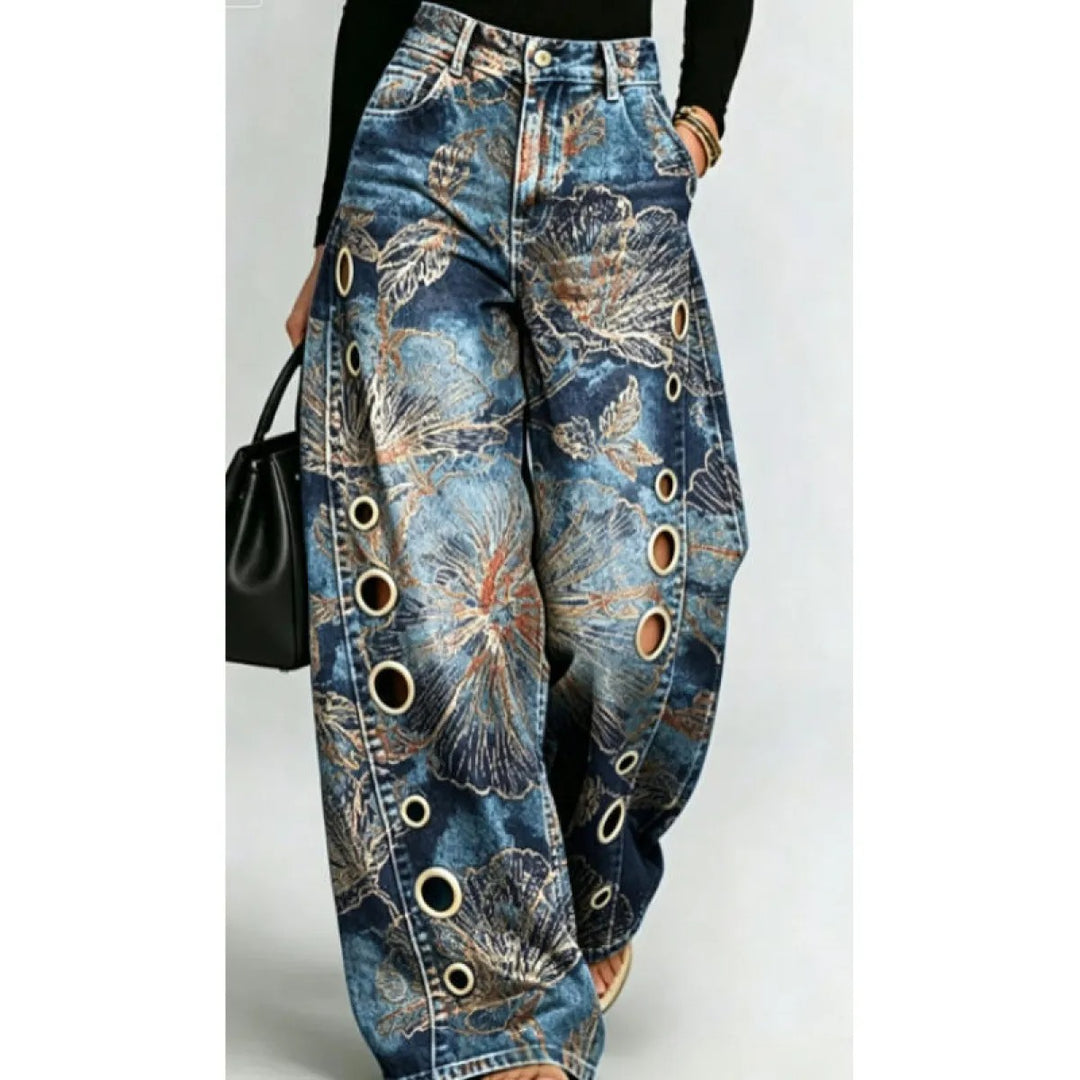 Pantalon Femme Taille Haute Jambe Large – Imprimé Graphique et Anneau