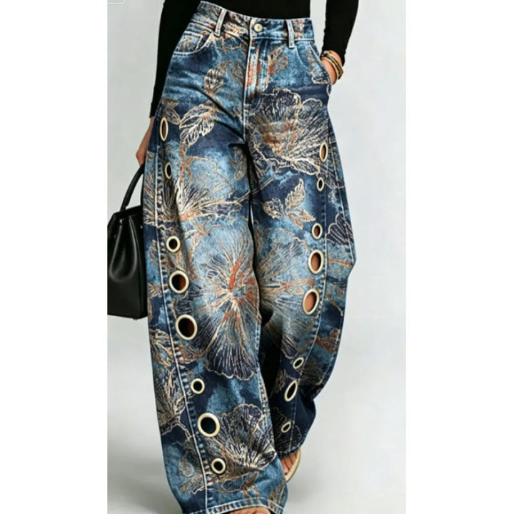 Pantalon Femme Taille Haute Jambe Large – Imprimé Graphique et Anneau