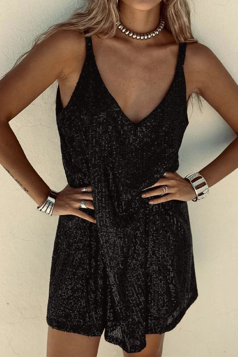 Damen Minikleid mit Pailletten – Tiefer V-Rücken & Enganliegender Schnitt