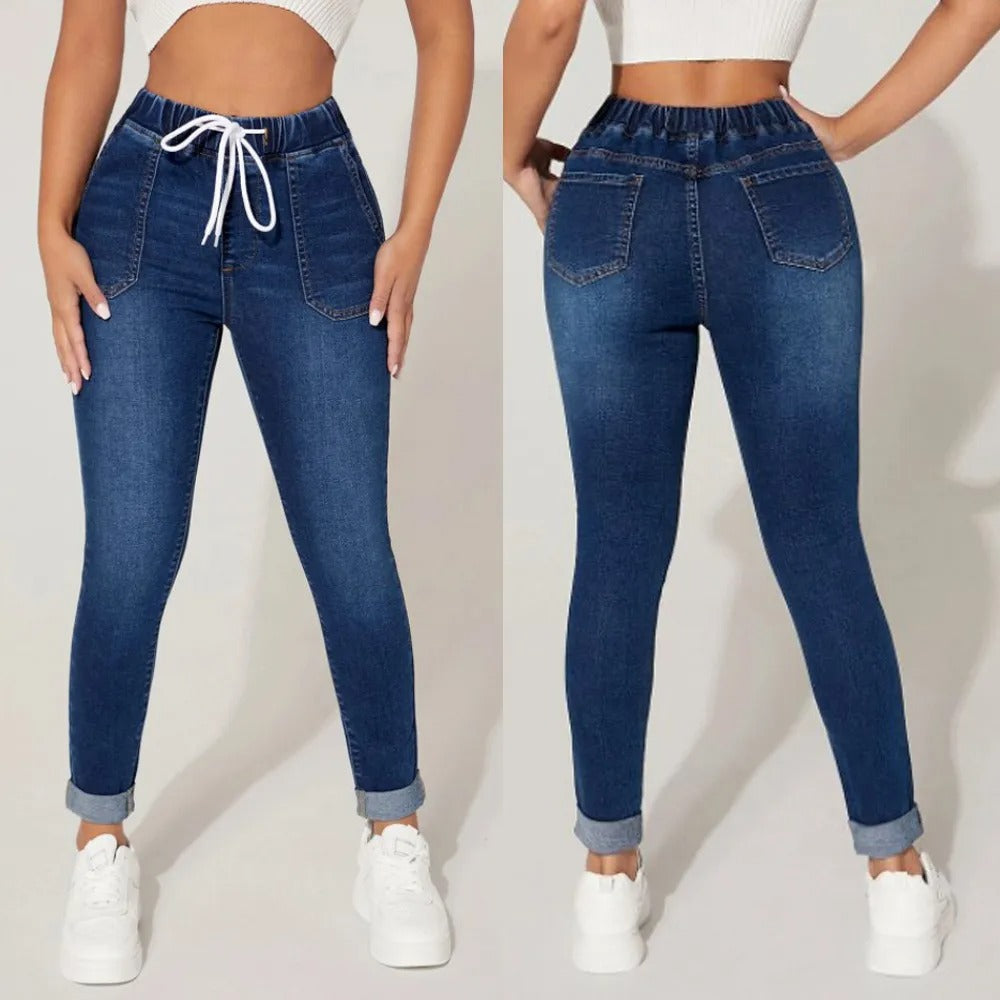 Jean Skinny Femme Taille Haute – Ceinture Élastique Lacée