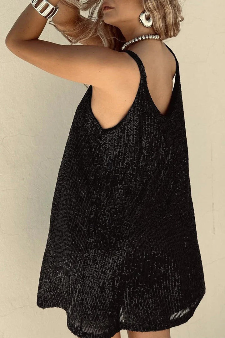 Damen Minikleid mit Pailletten – Tiefer V-Rücken & Enganliegender Schnitt